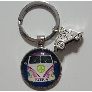 Volkswagen VAN SAMBA Vintage Hippie Peace Sign Bus Beetle Bug Keychain Purple